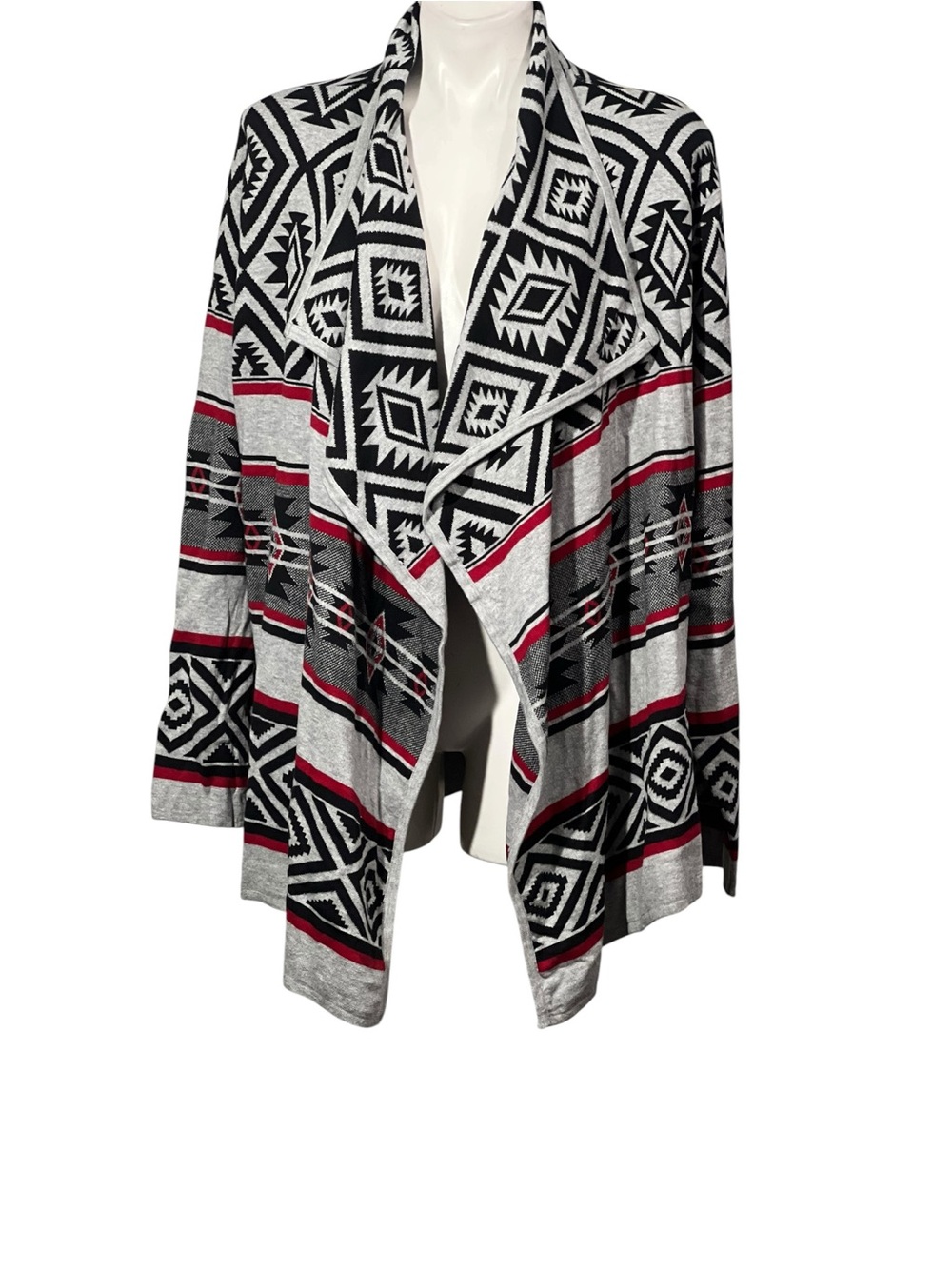 OSO Casuals Open Cardigan Sweater Black/Gray waterfall southwestern Aztec (3X) - Picture 2 of 6